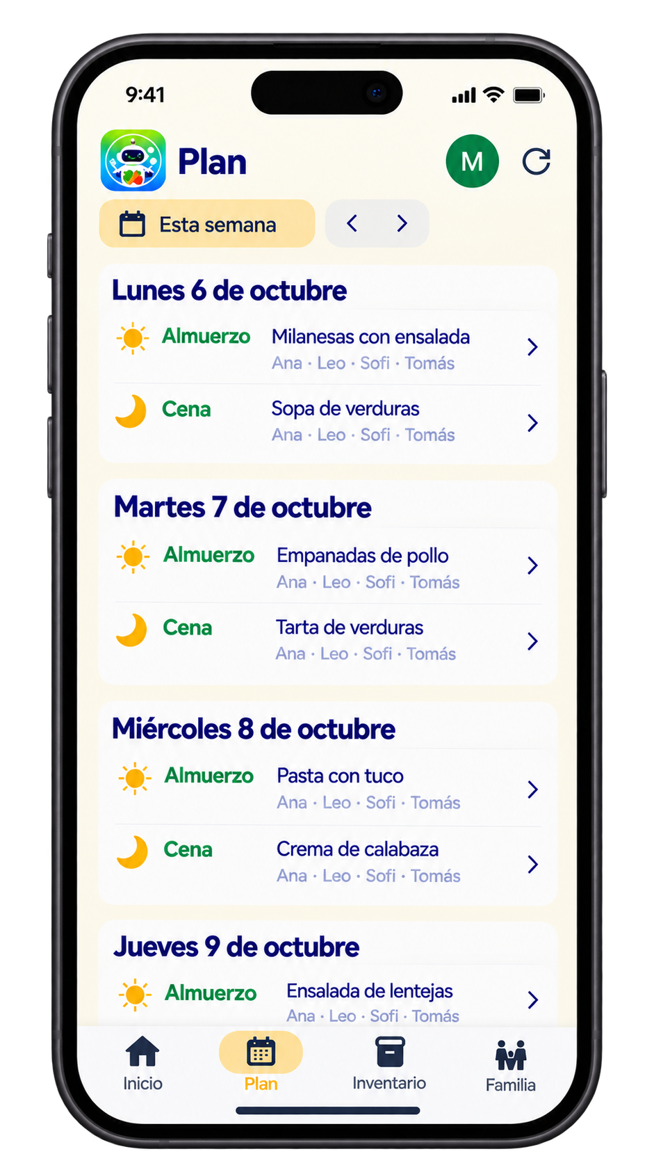 Pantalla real del plan semanal de QueCarComemos